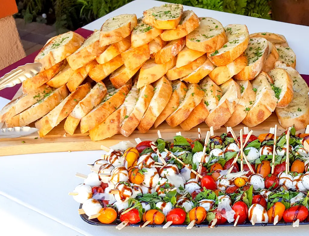 Caprese skewers with garlic bread
