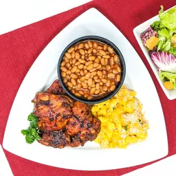 Roasted chicken with baked beans and macaroni and cheese