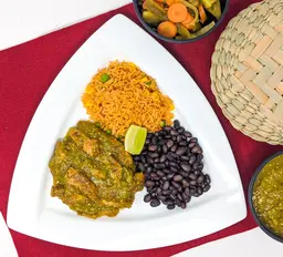 Vegan salsa verde chicken with rice and beans