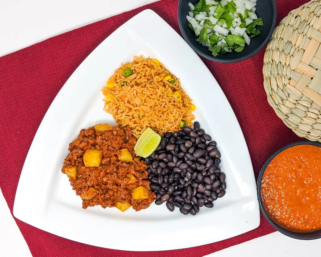 Vegan taco plate with soyrizo, potatoes, rice, beans, and salsa for catering